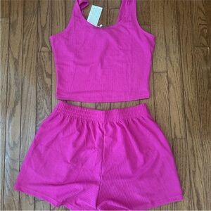 Pink Ribbed Tank Top and Shorts Set